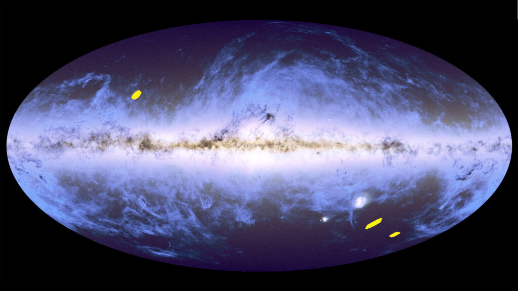 Location of Euclid Deep Fields on Gaia and Planck sky map / Credit: ESA/Euclid/Euclid Consortium/NASA; ESA/Gaia/DPAC; ESA/Planck Collaboration