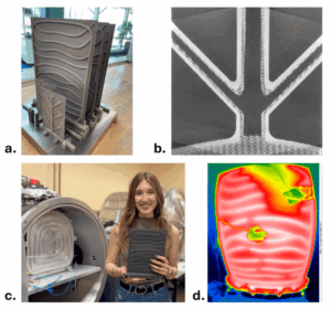 Figure 1: a. Additively manufactured high-temperature titanium thermal radiator prototypes with embedded branching heat pipe networks (75×125 and 200×260 mm panels); b. X-ray CT scan of radiator, showing internal porous wicking layer for passive fluid circulation.; c. Penn State University PhD candidate, Tatiana El Dannaoui, installing radiator prototype in thermal vacuum test facility to simulate space environment operation.; d. Thermal image of heat-pipe radiator operating in vacuum chamber. (Images courtesy of Penn State University)