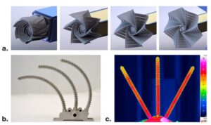 Figure 2: a. Concept for additively manufactured shape-memory-alloy (SMA) radiator with radial heat pipe branches deploying from compact stowed form.; b. Prototype SMA demonstrator with highly compliant bellows heat pipe arms.; c. Thermal image of SMA branching bellows heat pipe, showing nearly isothermal operation. (Images courtesy of Penn State University)